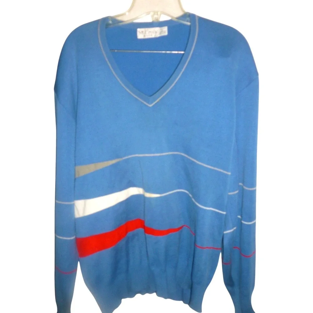 St Croix Knits Mens XL Blue V-Neck Sweater Abstract Stripe Mercerized Cotton USA